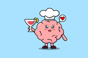 Cute cartoon Brain chef character holding wine glass flat cartoon style illustration