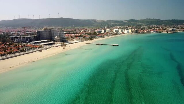 tourist area, spa beach, cesme beach, luxury villas and beachfront. aerial shot. High quality 4k footage