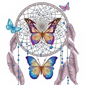 recommend clip art: Dream catcher with feathers and butterfly isolated on white background. Hand drawn illustration. Boho style