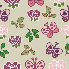 seamless pattern with flowers, butterflies, and leaves 