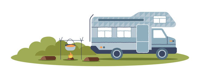 Fototapeta na wymiar Camping trailer concept. Large gray van stands by campfire, active lifestyle and recreation. Poster or banner for website hiking and weekend outdoors, sports. Cartoon flat vector illustration