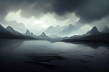 lake in the morning. Modern digital illustration.