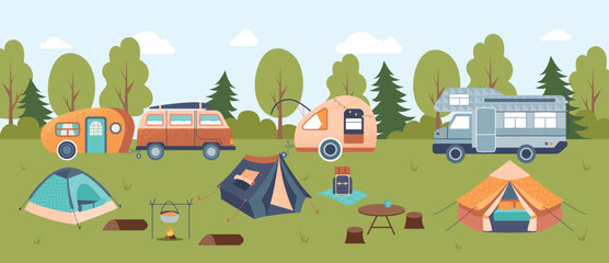 Camping trailers outdoor. Tents and vans on field. Poster or banner for website. Travel and adventure, hiking and camping. Active lifestyle, hobby and leisure. Cartoon flat vector illustration