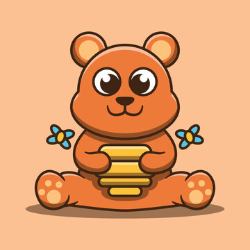 Cute bear mascot hugging honey vector illustration. Flat cartoon style.