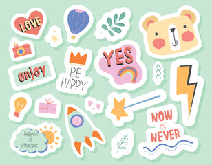 Doodle copy sticker set. Collection of graphic elements for website. Heart, bear head and balloon. Rocket, lightning and magic wand. Cartoon flat vector illustrations isolated on green background
