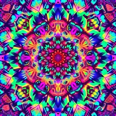 Fototapeta na wymiar Flowery Kaleidoscopic Psychedelic neon retro background