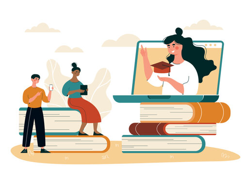 Online lesson concept. Man and woman sit on books and watch online course. Distance education, learning and training. Teacher gives lecture on internet to students. Cartoon flat vector illustration