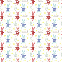 Fototapeta na wymiar Pattern with multi-colored rabbits, sled and Christmas tree. Vector over white background. Symbol of the new year. For the design of packaging, clothing, brochures and covers, cards and invitations, a