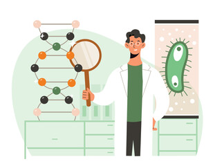 Scientist holding data. Man with magnifying glass checks structure of molecule. Scientific experimentation, diagnosis and choice of treatment or drug development. Cartoon flat vector illustration