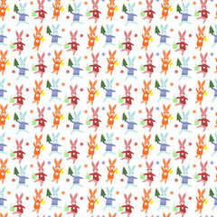 Festive pattern with rabbits, Christmas tree and gifts. Vector over white background. Symbol of the new year. For the design of packaging, clothing, brochures and covers, cards and invitations, advert