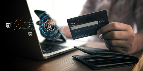 Cybersecurity, credit card, and privacy concepts to protect data. lock icon and internet network security technology Businessman protecting personal information on smartphone