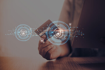 Cybersecurity, credit card, and privacy concepts to protect data. lock icon and internet network security technology Businessman protecting personal information on smartphone