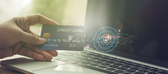 Cybersecurity, credit card, and privacy concepts to protect data. lock icon and internet network security technology Businessman protecting personal information on smartphone