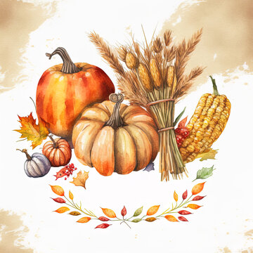 Thanksgiving day greeting card template. Watercolor illustration with hand drawn pumpkins, apples and wheat