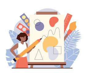 Artist painting picture. Woman with pencil draws abstract figures and patterns. Creativity and art, real artist side by side with canvas. Creative person concept. Cartoon flat vector illustration