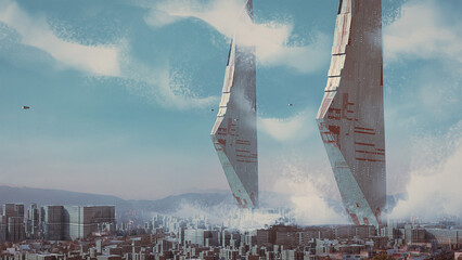 Digital 3d illustration of a pair of massive towers looming over a future city - sci-fi fantasy painting - obrazy, fototapety, plakaty