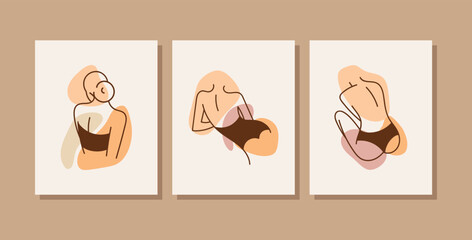 Female body elegant set. Collection of abstract paintings, graphic elements for website. Creativity and art in minimalist style. Cartoon flat vector illustrations isolated on beige background