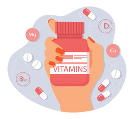 Hand holding vitamins. Woman holding medicines and jar of pills. Useful trace elements for body. Medical poster or banner for website, infographic for healthcare. Cartoon flat vector illustration