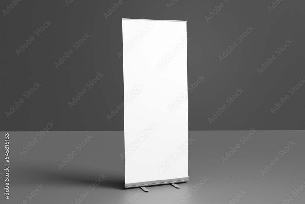 Canvas Prints blank white roll-up banner display mockup on dark background, isolated, 3d rendering.