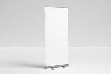 Blank white roll-up banner display mockup, isolated, 3d rendering.