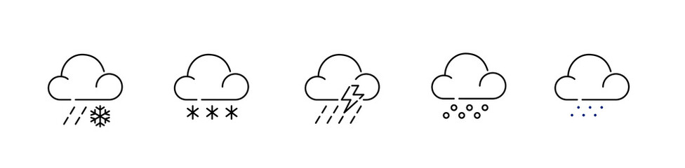 Set of precipitation icons. Snow, rain, shower, storm. Pixel perfect, editable stroke icons