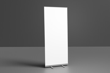 Blank white roll-up banner display mockup on dark background, isolated, 3d rendering.
