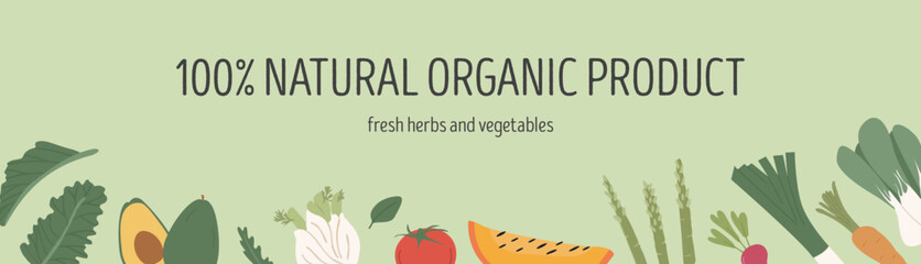 Horizontal banner with different colorful vegetables for farmers market menu design. Header with healthy food. Frame or border with various organic local products template. Vector flat illustration.