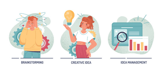 Creative thinking set. Collection of graphic elements for website, infographics. Young girl and man with light bulb in their hands. Cartoon flat vector illustrations isolated on white background