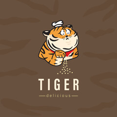 Chef Tiger Cook with delicious cooking gestures.Logo chef Tiger mascot cartoon style illustration.
