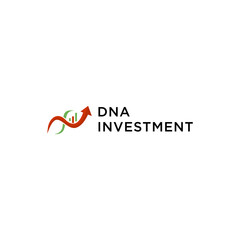 Obraz premium Modern DNA growth investment logo design with green arrow and genetic spiral icon for financial health biotech pharmaceutical company research medical vector concept template illustration