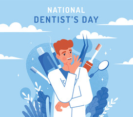 National dentists day. Man in medical coat stands in front of oral care devices. Hygiene and health. Poster or banner for website. Holiday and festival concept. Cartoon flat vector illustration