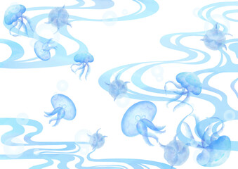 水中で泳いでいるクラゲのイラスト／Illustration of a jellyfish swimming underwater