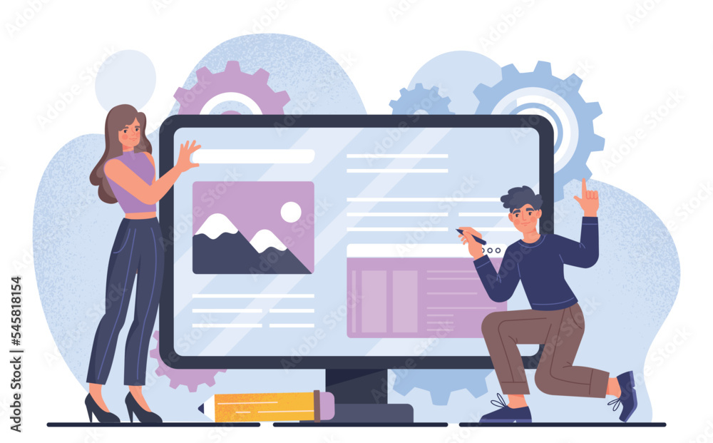 Poster ux ui design concept. man and woman developing graphic elements for website, interface for program, 