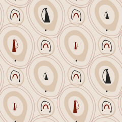 Seamless pattern. Colorful vases and abstract elements. Boho style.