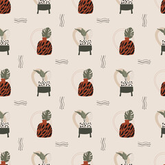 Seamless pattern. Pots and plants. Boho style.