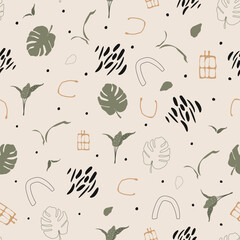 Seamless pattern with different elements. Monstera, leaf. Boho style. 