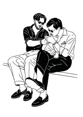two men smoking together hand drawn art illustration