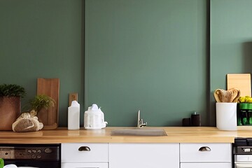 Fototapeta na wymiar kitchen interior with green empty wall for mockup 