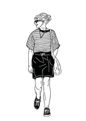 woman walking wearing sunglasses casual style man wearing street art hand drawn illustration