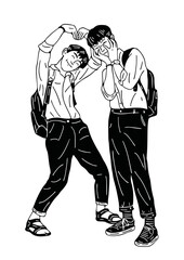 two men walking together hand drawn art illustration