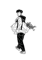 man walking in the bag there are flowers casual style man wearing street hand drawn art illustration