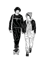 Fototapeta na wymiar couple walking young couple stand on skateboard hand drawn lifestyle art illustration