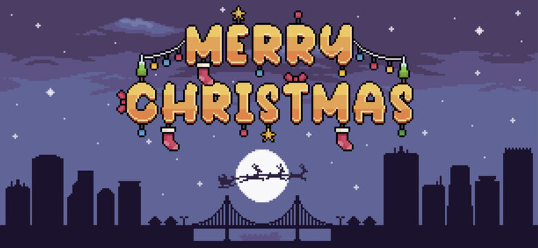 Pixel art city christmas background with flying santa claus and merry christmas text vector scene for 8bit game