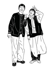 A couple walking Young people lovers lifestyle Hand drawn line art Illustration