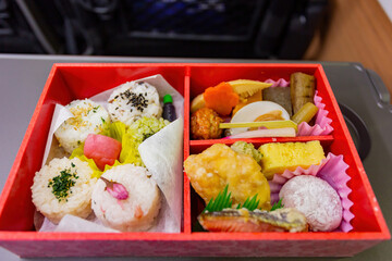Close up shot of Japanese style Hanami bento box