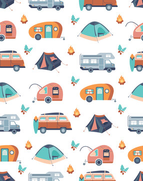 Camping trailer seamless pattern. Repeating design element for printing on fabric. Travel and adventure, tents and vans for hiking. Active lifestyle and leisure. Cartoon flat vector illustration