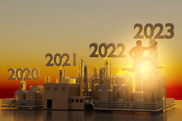 Man jump on factory 2023 jumping precipice at sunset New Year's concept starting welcome happy new...
