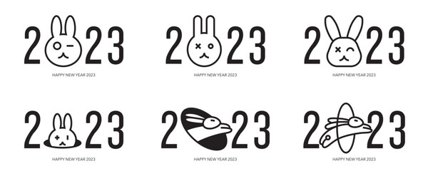 Big Set of 2023 Happy New Year logo text design. Collection of 2023 Happy New Year symbols. Vector illustration with black labels isolated on white background.