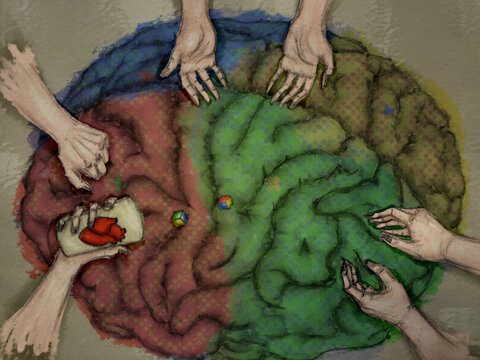 Juego de emociones, cerebro, parch&iacute;s, psicol&oacute;gico, juego de mesa, emociones, ilustraci&oacute;n, arte, digital, deprimente, apagado