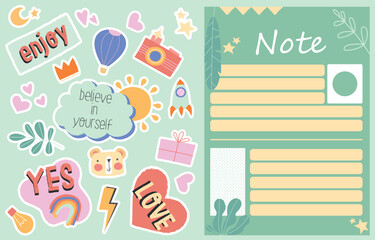 Doodle sticker notebook. Collection of graphic elements for creating design for textbooks and diary. Education and training, labels for boys and girls, to do list. Cartoon flat vector illustration